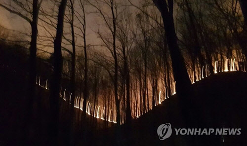 1일 오후 9시 46분께 부산 기장군 장안읍 삼각산에서 큰불이 났다  <부산소방안전본부 제공=연합뉴스>